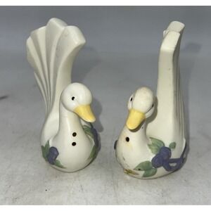VTG Ceramic Swan Salt And Pepper Shakers White Bows 4" Tall